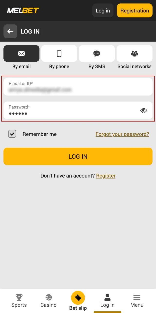 Fill in the data required to log in to your Melbet account.