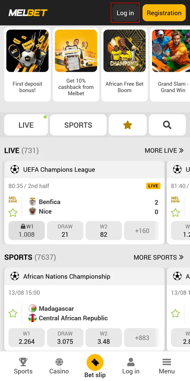 Find the login button on the Melbet webpage.