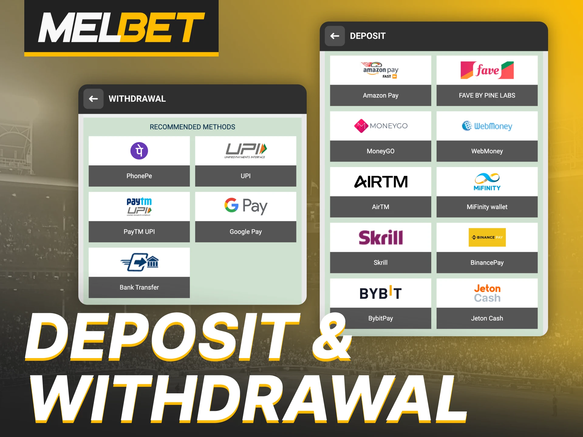Deposit and withdraw money using these methods in the Melbet app.