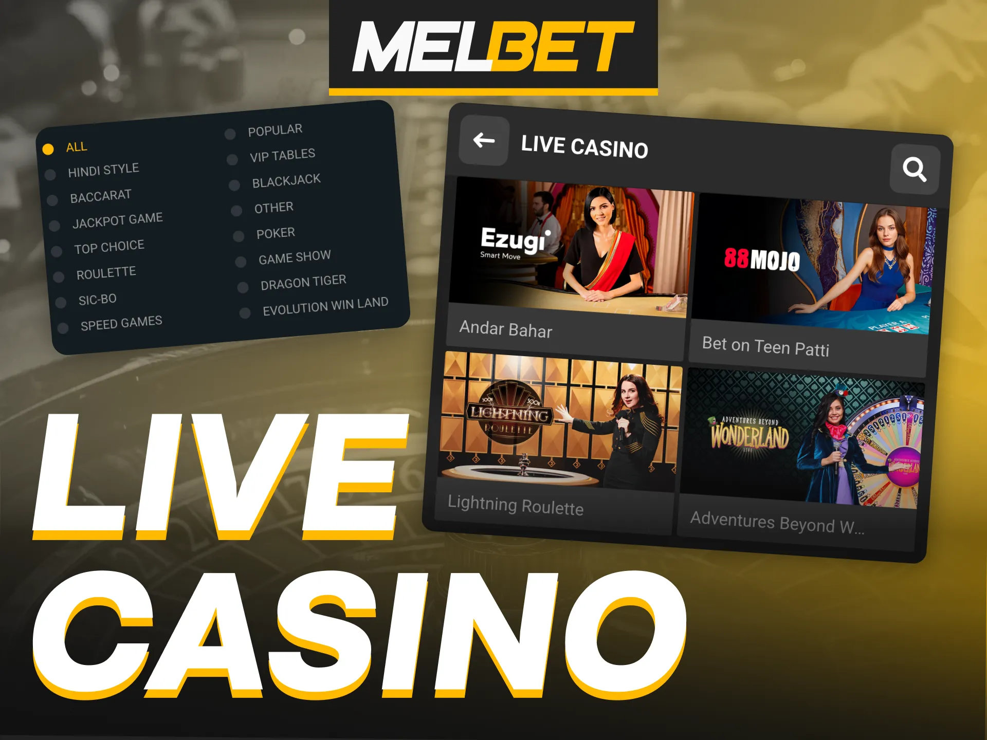 Play at Melbet Live Casino with real dealers.