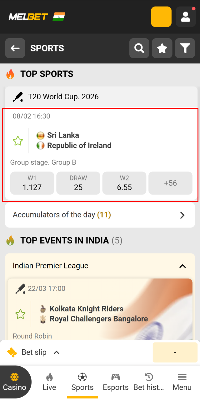 Select the desired sports event and odds to add to your bet slip at Melbet.