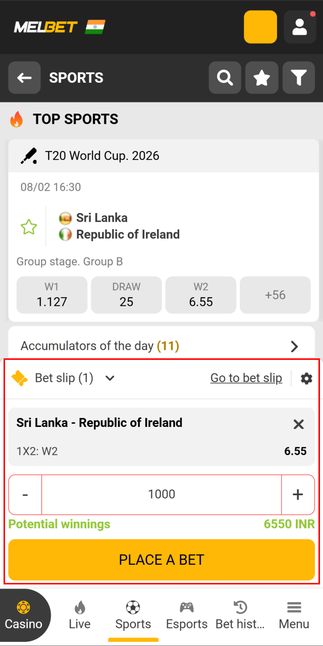 Enter your stake amount and click Place a bet to confirm your wager at Melbet.