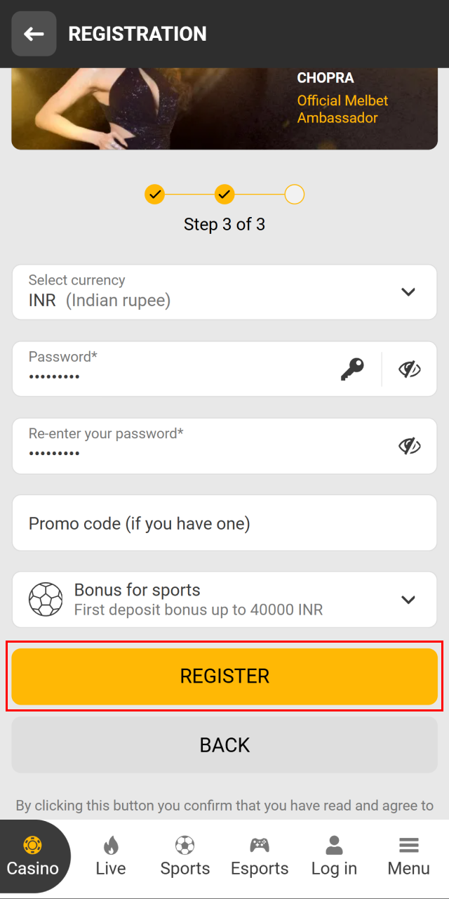 Complete the registration process to unlock sports bonuses and start betting at Melbet.