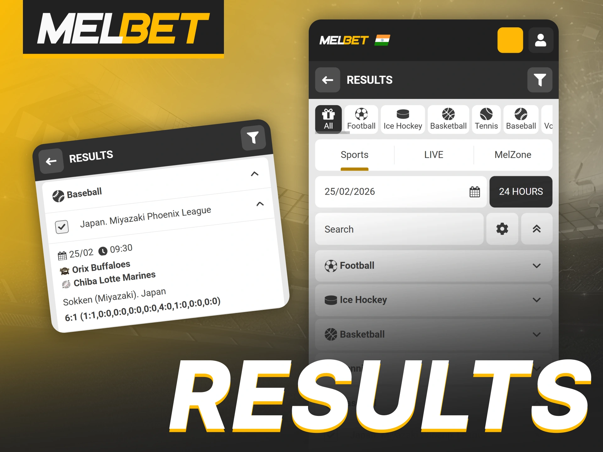 Check live scores and final sports results on the Melbet dashboard.