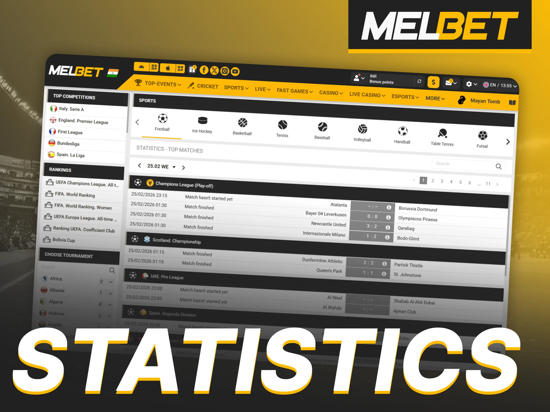 Analyze match data and tournament rankings on the Melbet statistics page.