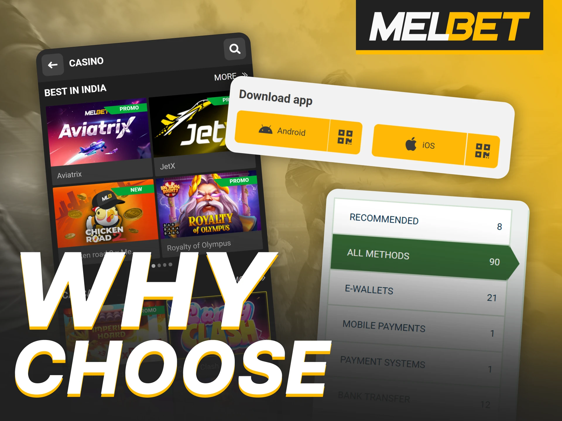 Select mobile apps and various payment methods available at Melbet.