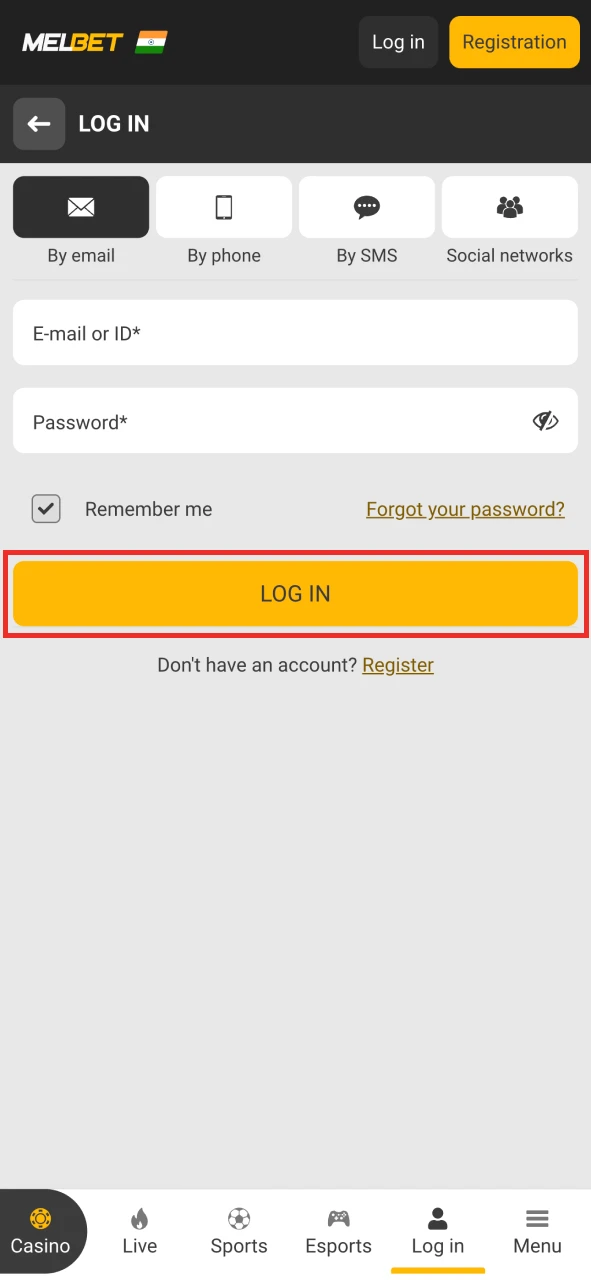 Log into your personal account at Melbet platform.