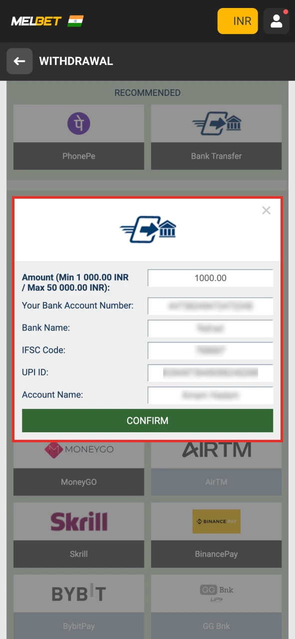 Fill in the information required and confirm Melbet withdrawal.