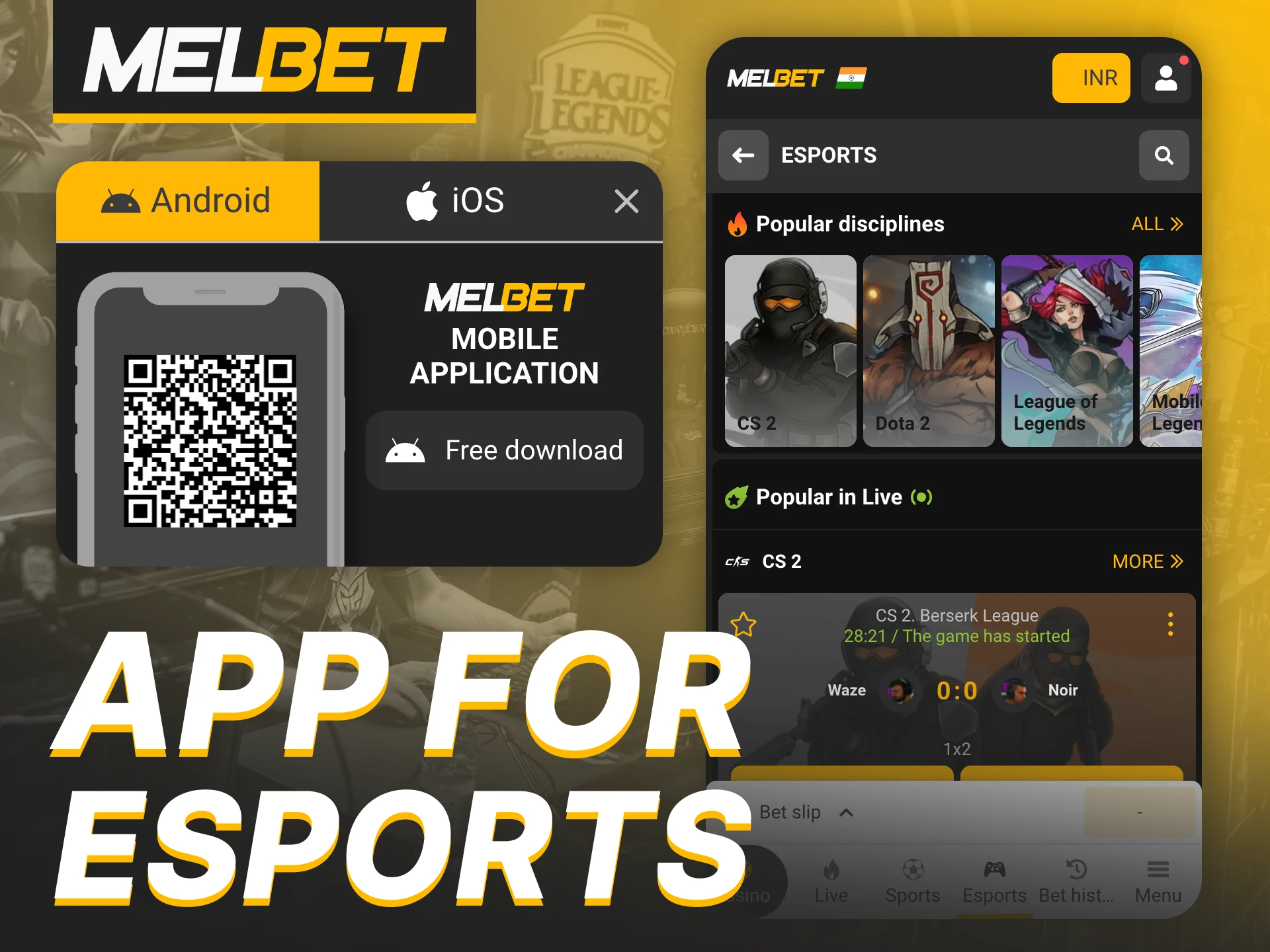 Install Melbet app for free to start betting on eSports tournaments.