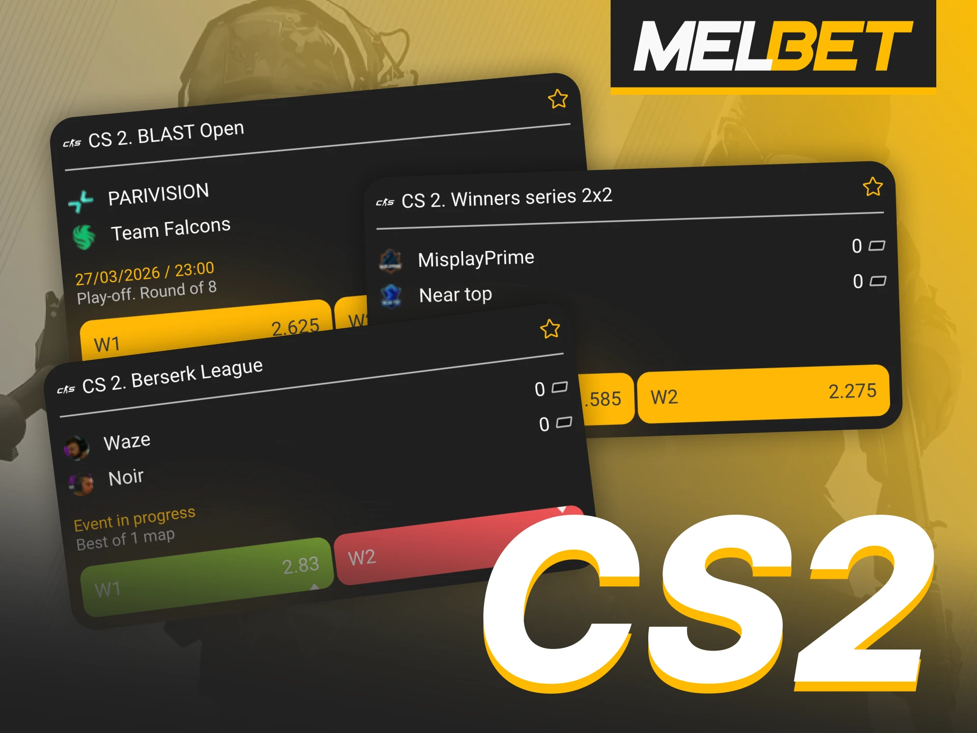 Melbet offers betting on various CS2 tournaments and leagues.