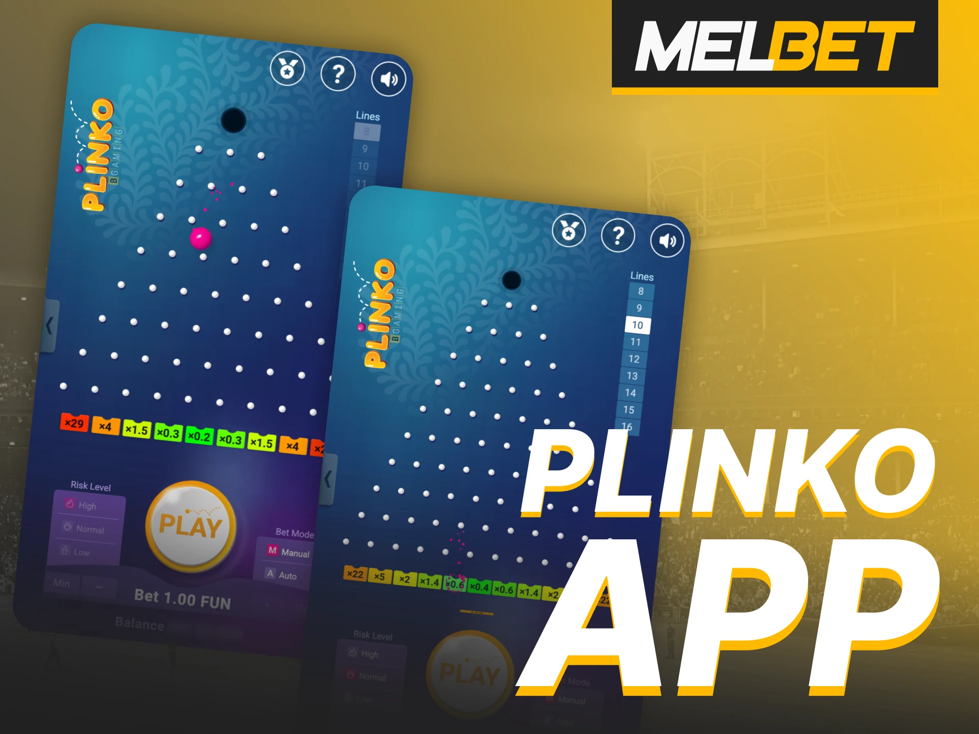 Melbet app offers you to play Plinko on your mobile device.